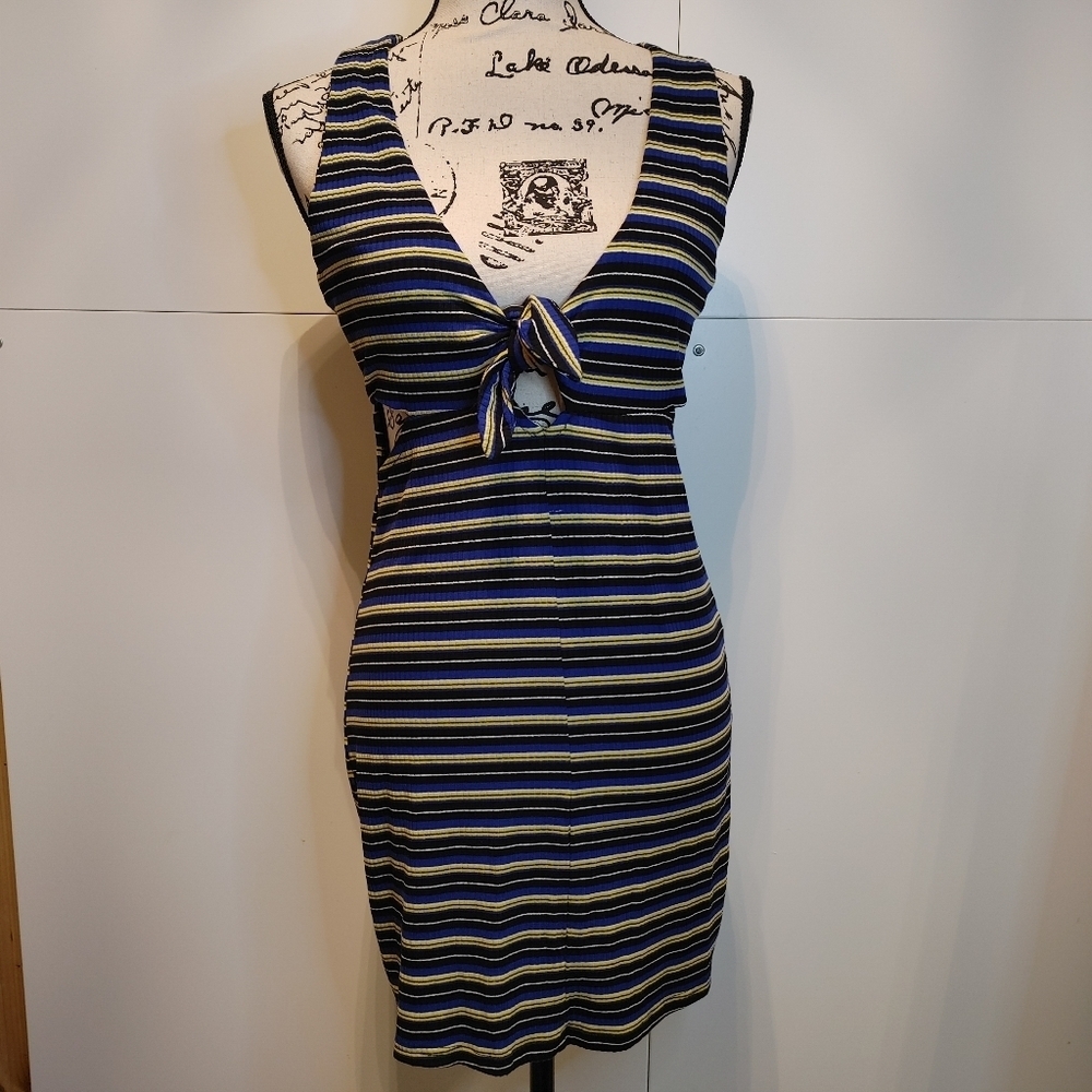 Love riche Blue Yellow Striped Cutout Bodycon Dress M Boutique - Picture 4 of 10